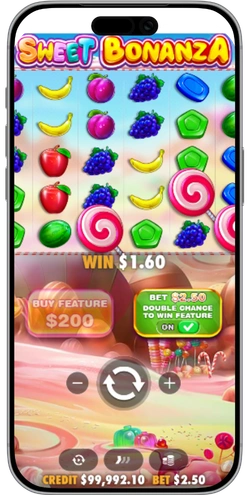 Sweet Bonanza 1000 casino screen with colorful payouts